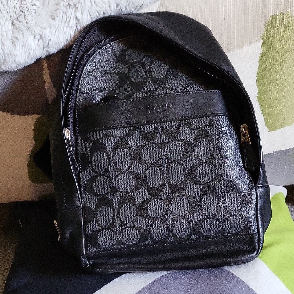 Coach Black and Gray Signature Backpack with Monogram Design